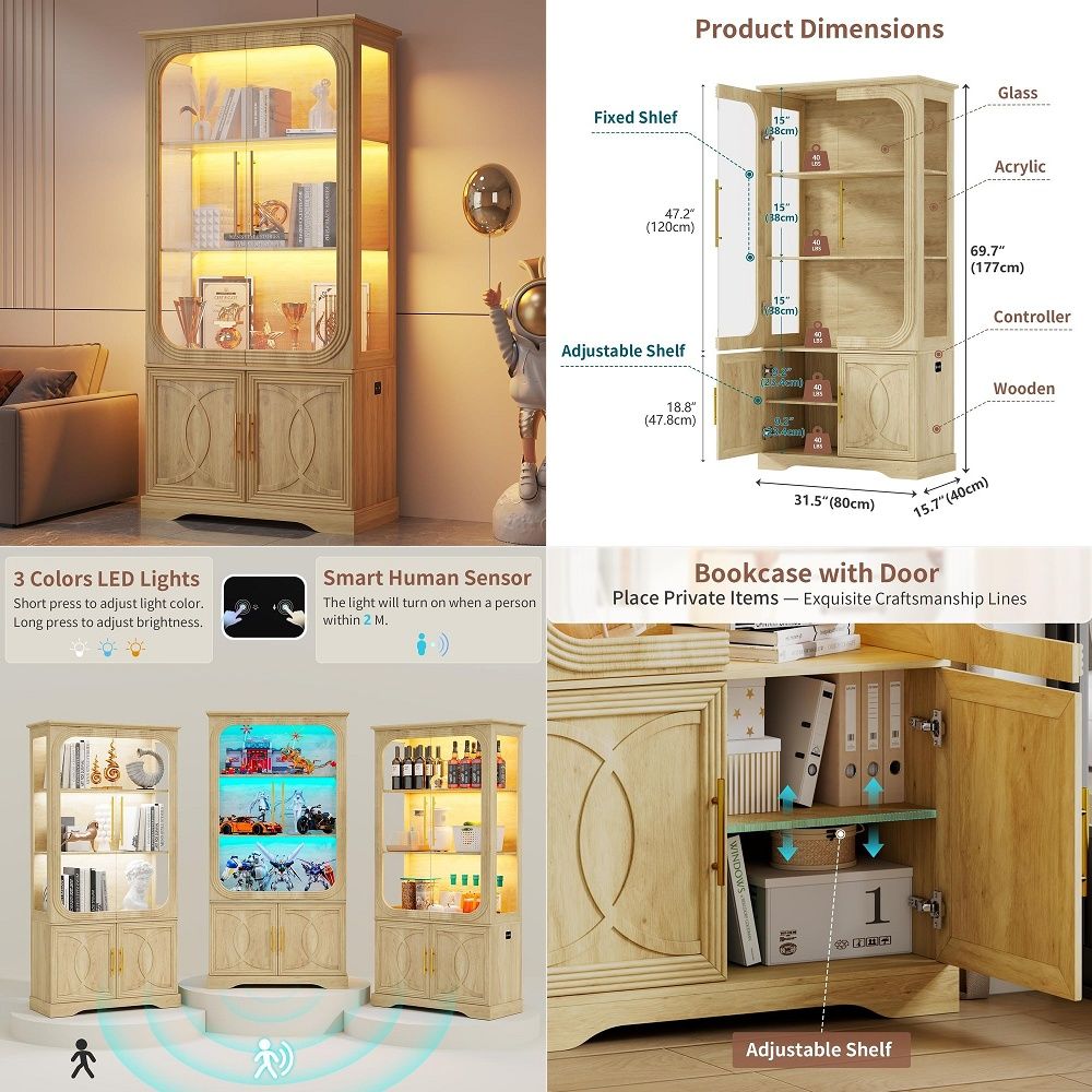 Glass Cabinet Display - خزانة عرض بأبواب زجاجية ورفوف تخزين،