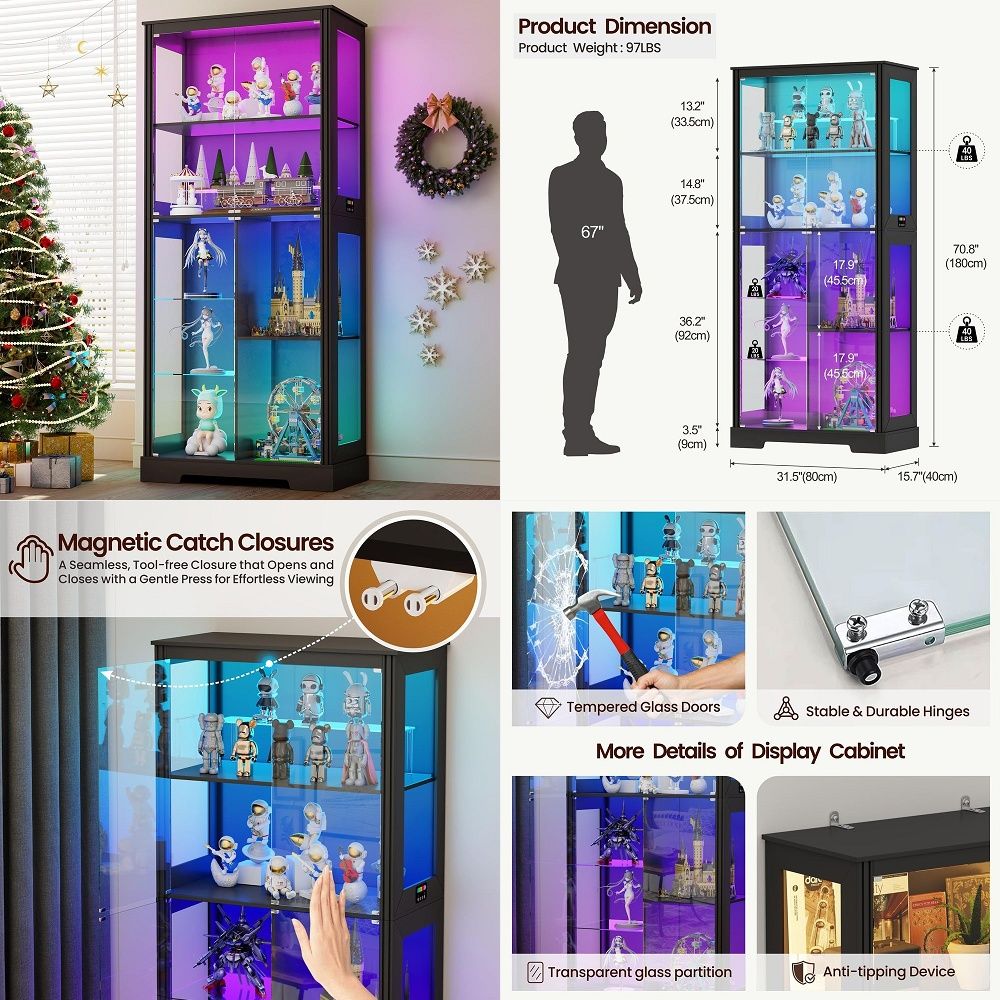 Glass Cabinet Display - خزانة عرض زاوية مضاءة خشبية منحنية